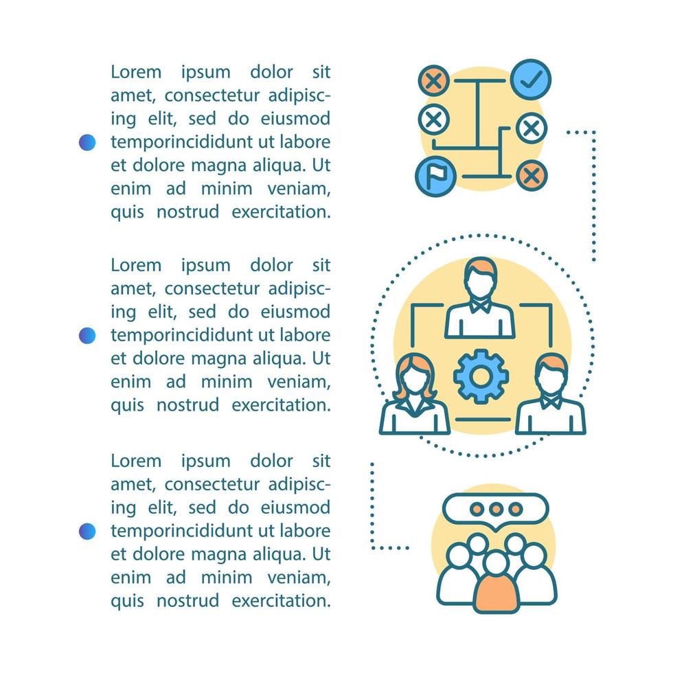 Workforce article page vector template. Business strategy. Talent acquisition. Brochure, booklet design element with linear icons and text boxes. Print design. Concept illustrations with text space