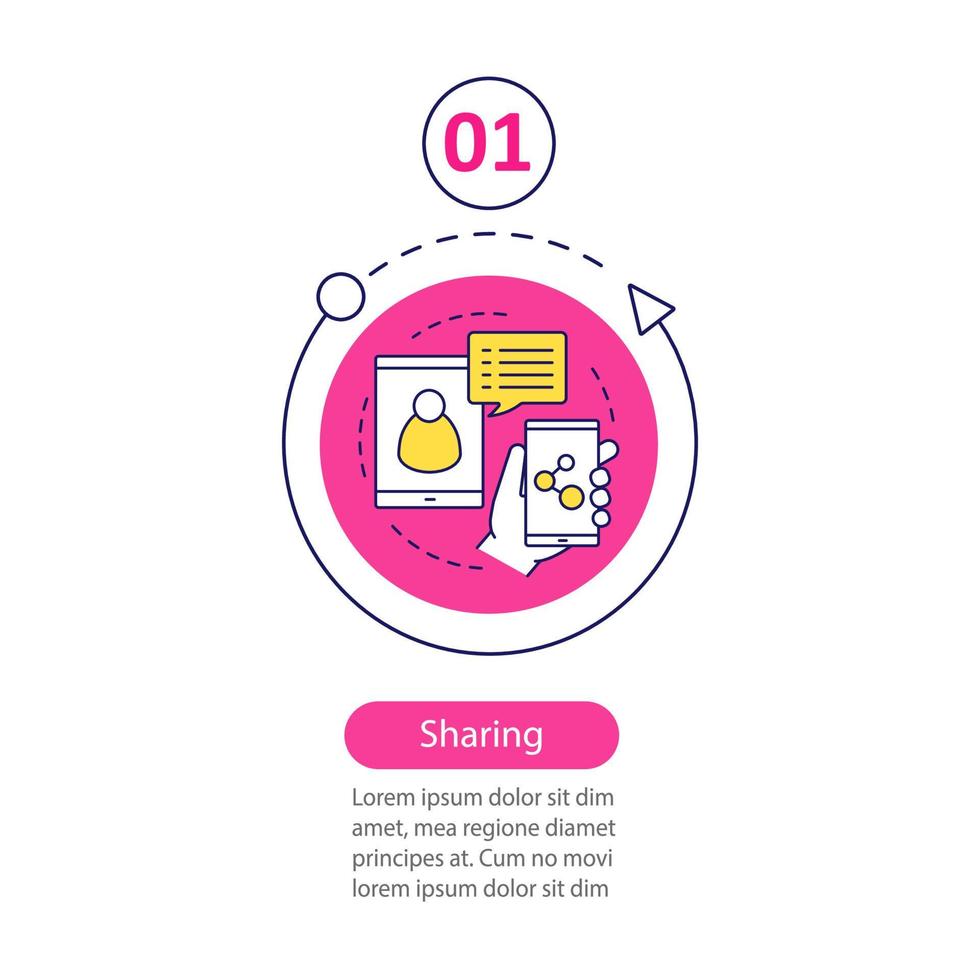 Content sharing vector infographic step template. Social media. Messenger. Online communication. Data visualization with options. Process timeline chart part