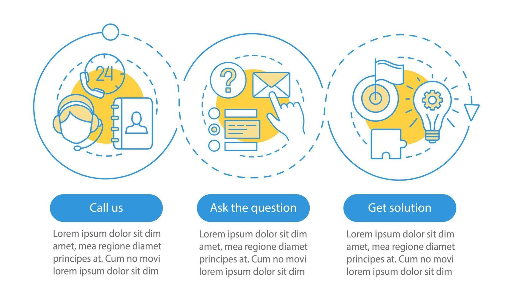 Call center vector infographic template. Helpdesk, hotline. Customer service. Online support. Data visualization with three steps and options. Process timeline chart. Workflow layout with icons