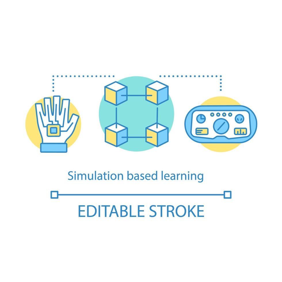 Simulation based learning concept icon. Innovative teaching. Machine learning. Virtual, mixed, augmented realities idea thin line illustration. Vector isolated outline drawing. Editable stroke