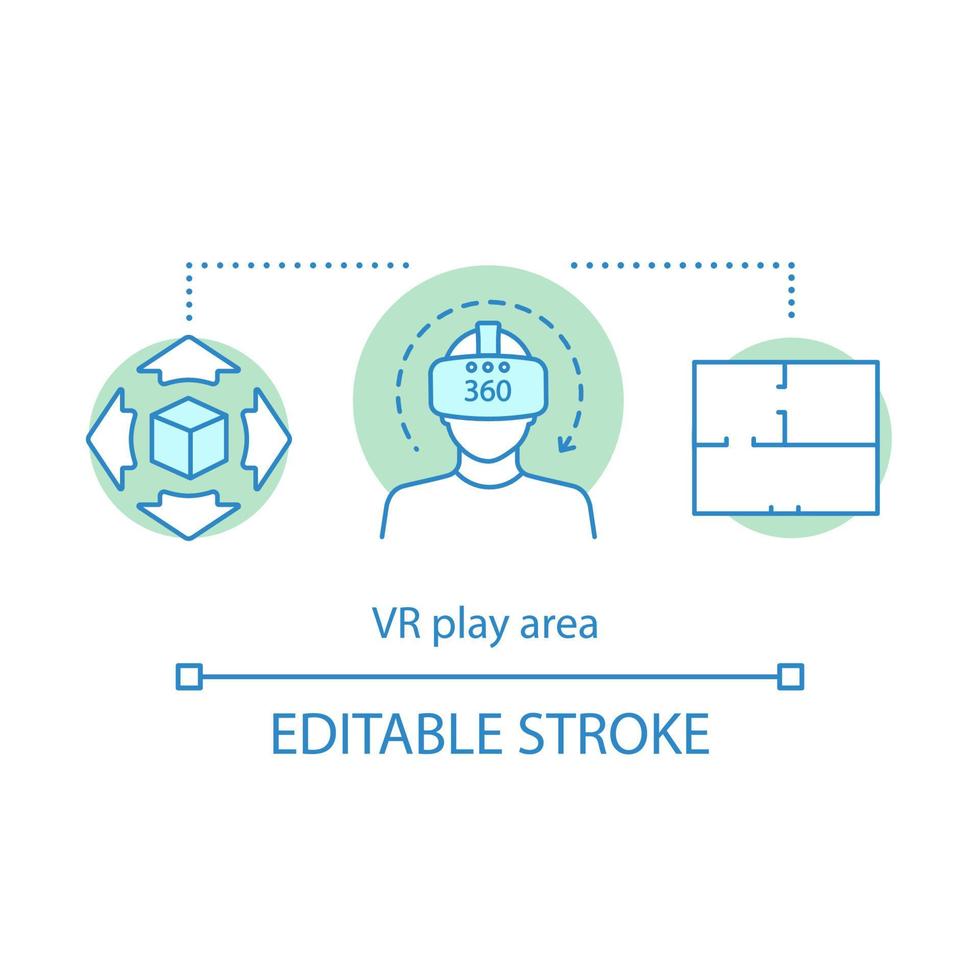 VR play area concept icon. 360 degree video. Room-scale setups. Virtual reality 3d environment idea thin line illustration. Vector isolated outline drawing. Editable stroke