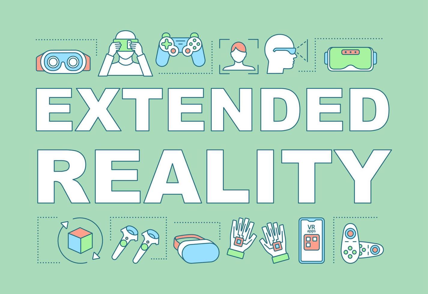 Extended reality word concepts banner. Innovative VR apps, games. Virtual 3D environment. Presentation, website. Isolated lettering typography idea with linear icons. Vector outline illustration