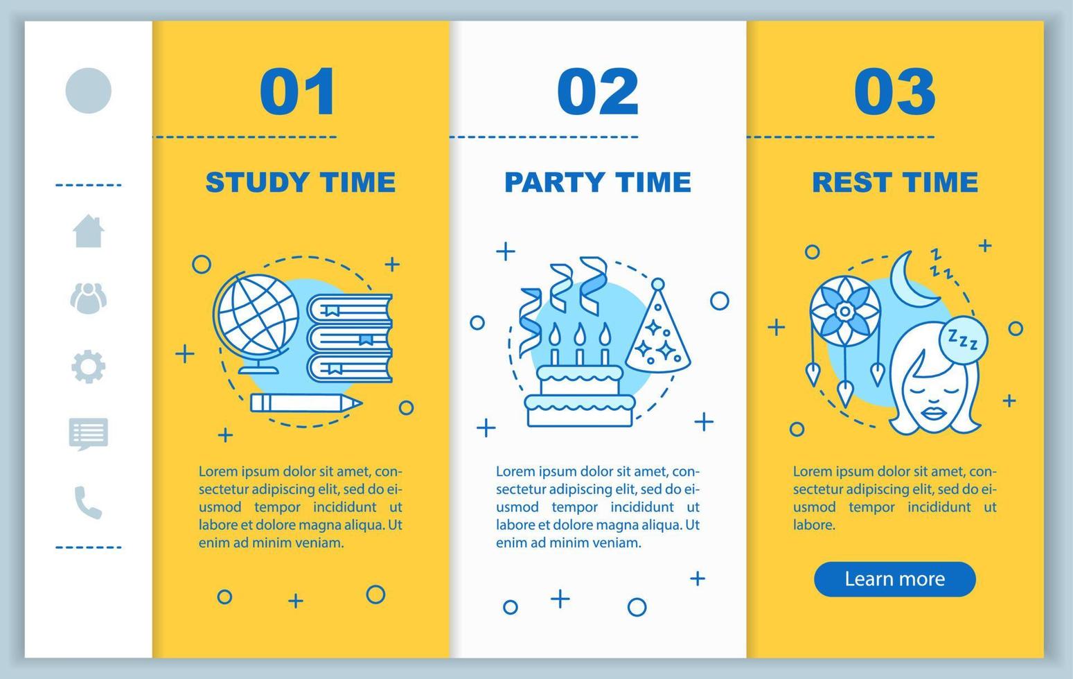 Time management onboarding mobile web pages vector template. Responsive smartphone website interface idea with linear illustrations. Rest, study time webpage walkthrough steps. Daily student schedule