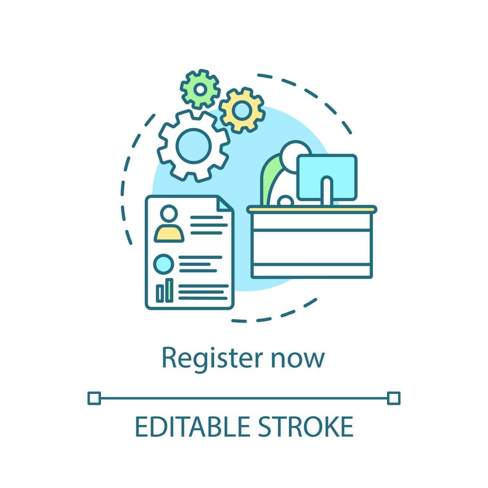 Regístrese ahora icono de concepto. trabajo remoto, autónomo. soporte técnico. ilustración de línea delgada de idea de registro en línea. dibujo de contorno aislado vectorial. trazo editable vector