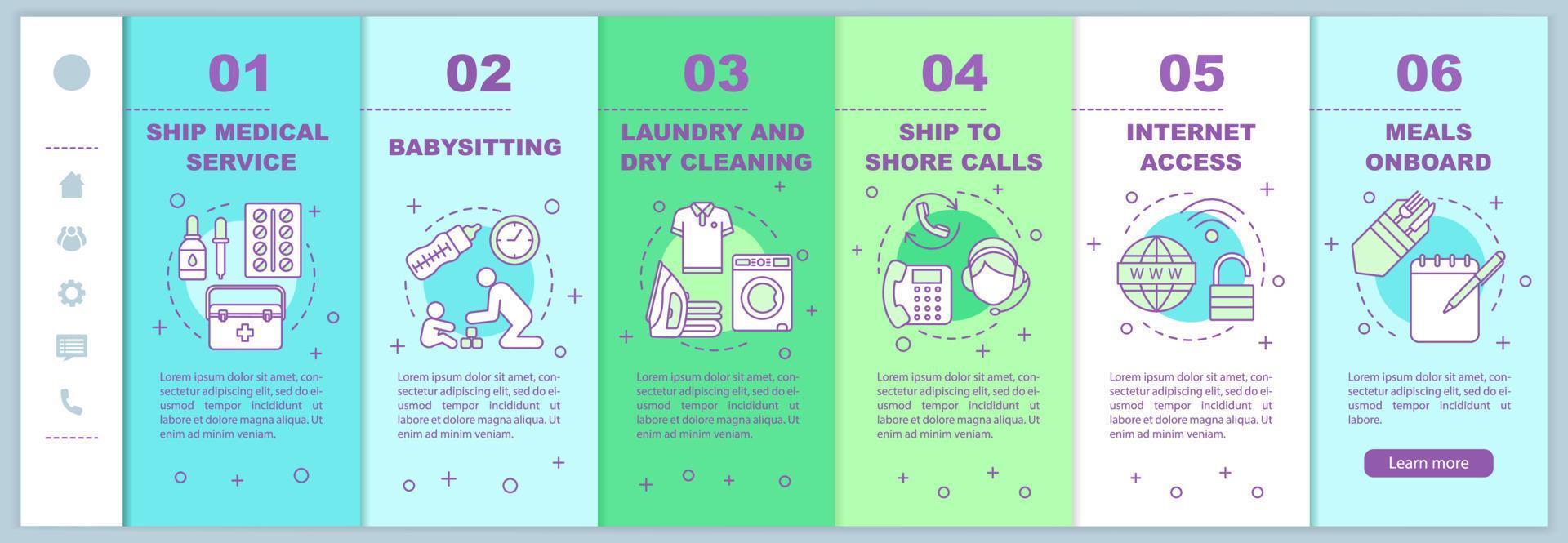 Cruise facilities onboarding mobile web pages vector template. Medical service, babysitting, laundry, meal. Responsive smartphone website interface idea. Webpage walkthrough step screen. Color concept