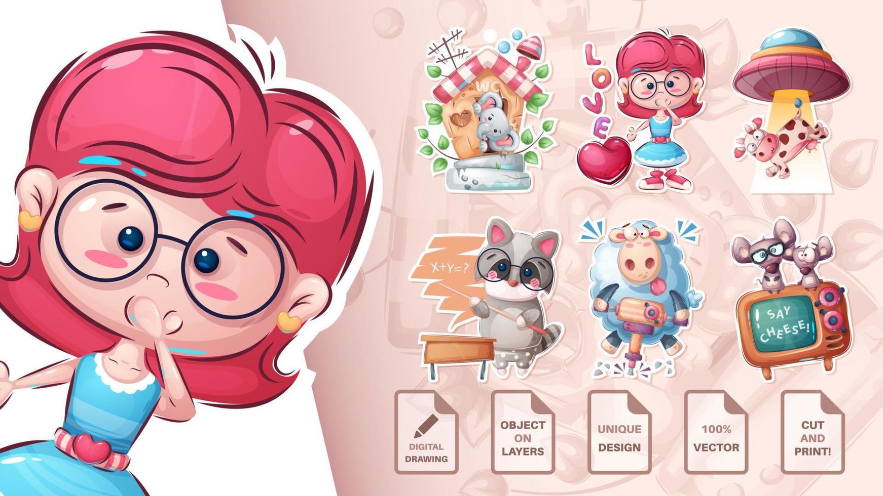 Set cartoon character animal sticker. vector