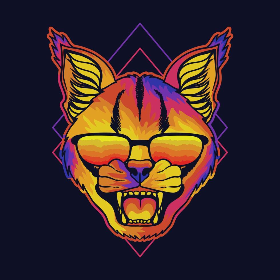 caracal enojado colorido usando una ilustración de vector de anteojos