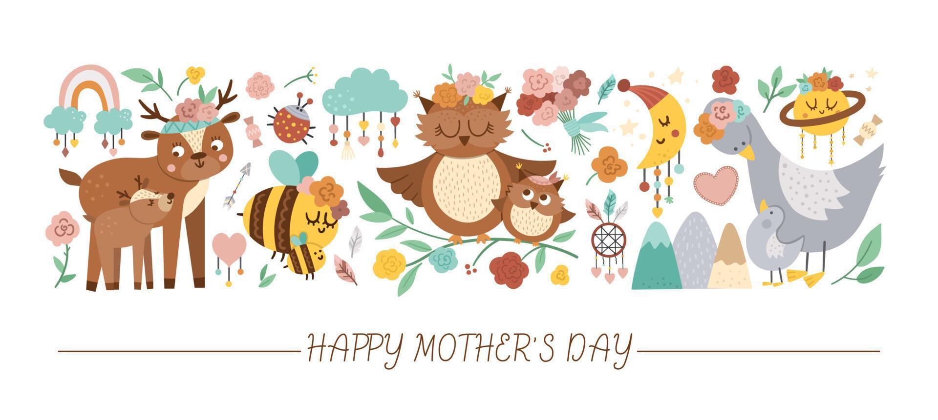 Vector horizontal set with Mothers day characters and elements. Card template design with cute forest baby animals and parents showing family love. Funny boho style holiday border.