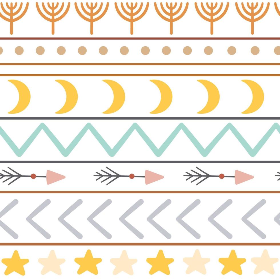 Vector boho ornament. Bohemian seamless pattern with squiggles, arrows, crescent moon. Wild and free repeating background. Ethnic native American or tribal digital paper