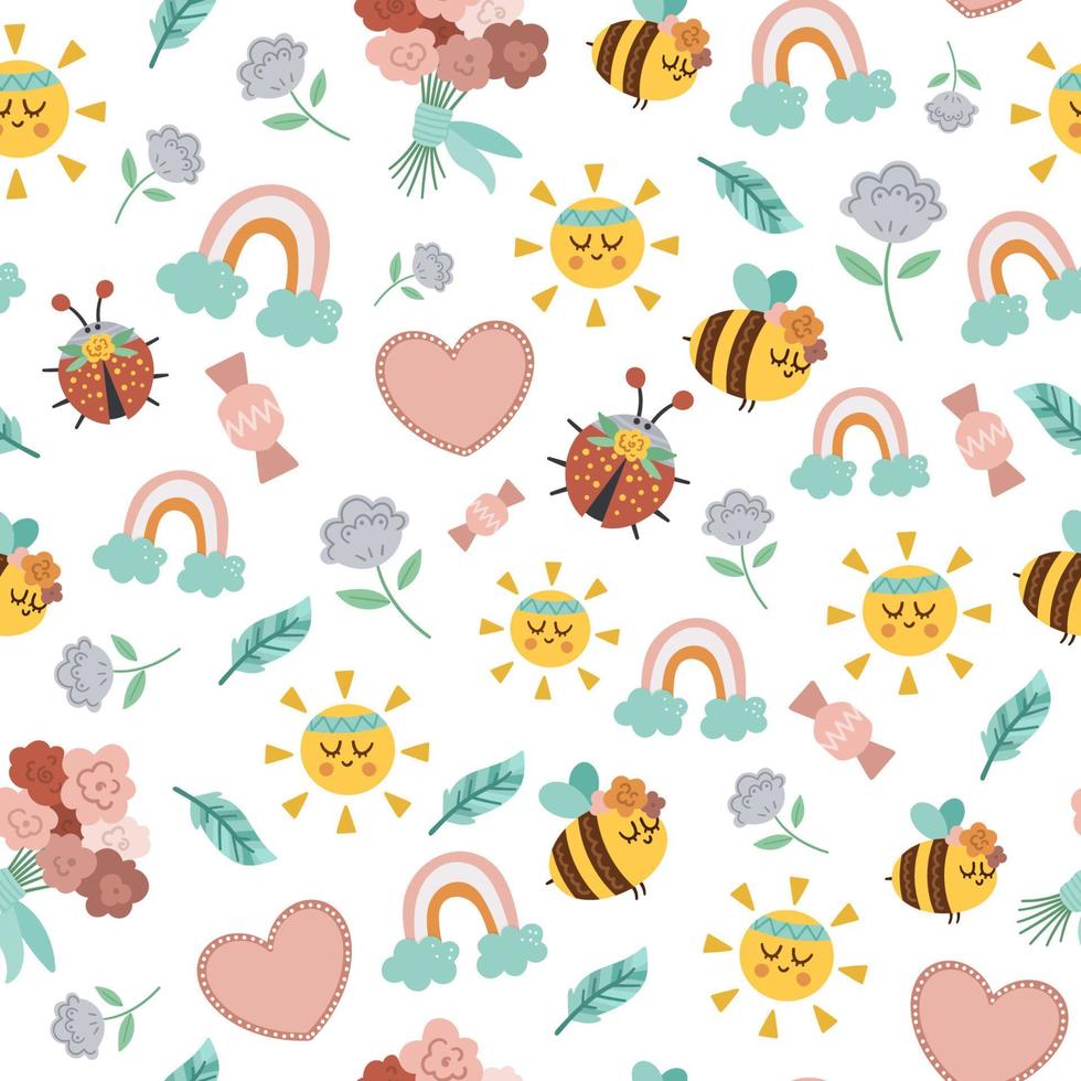 Vector boho ornament. Bohemian seamless pattern with kawaii sun, flowers, rainbow, bumblebee. Wild and free or holiday repeating background. Ethnic tribal digital paper for kids