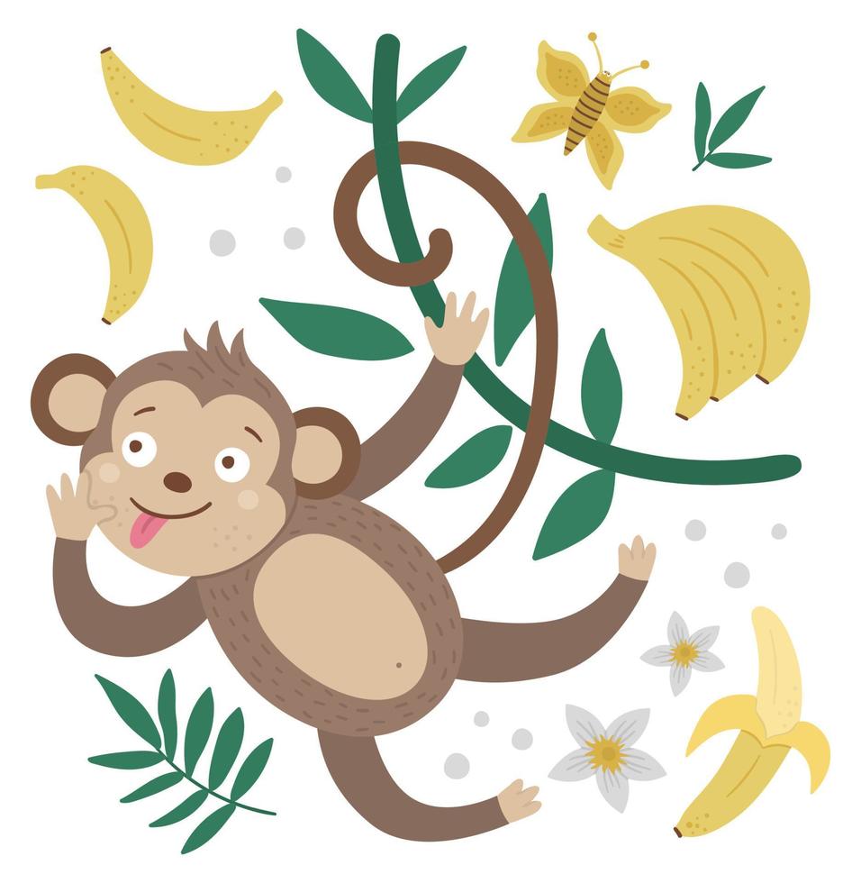 linda composición vectorial con mono colgando de liana con lengua pegada, plátanos. divertida ilustración de animales exóticos y frutas. imagen plana brillante para niños. Imágenes Prediseñadas de verano de la selva vector
