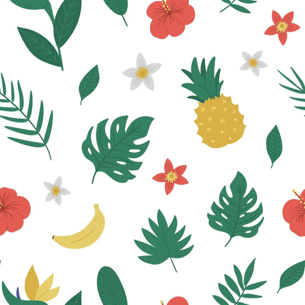 patrón transparente tropical vectorial con frutas, flores y hojas. follaje de la selva y papel digital floral. fondo de plantas exóticas planas dibujadas a mano. textura de vegetación de verano infantil brillante. vector