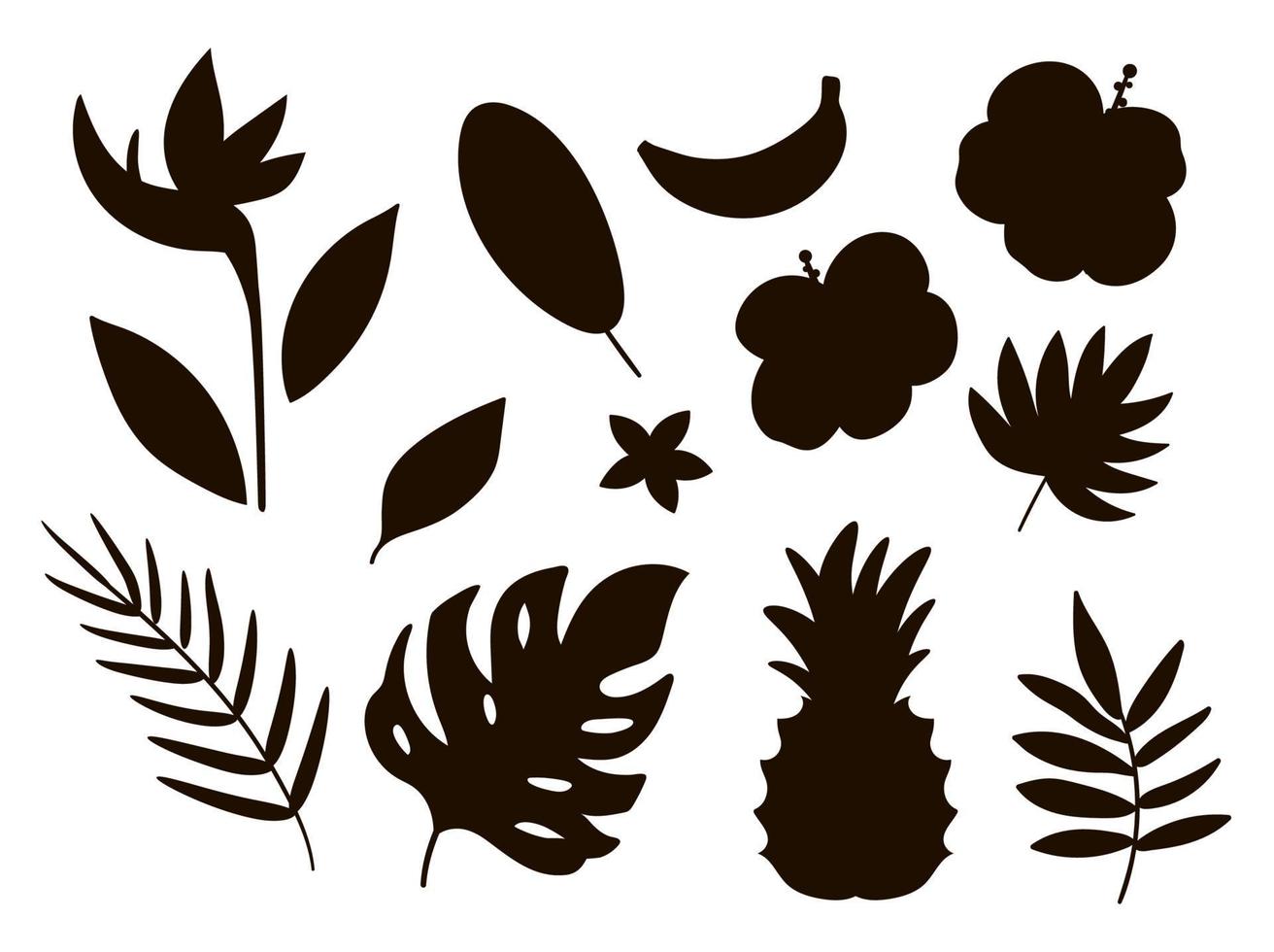 Vector tropical fruit, flowers and leaves silhouettes. Jungle foliage and florals black illustration. Hand drawn flat exotic plants shadows isolated on white background. Summer greenery stamp design