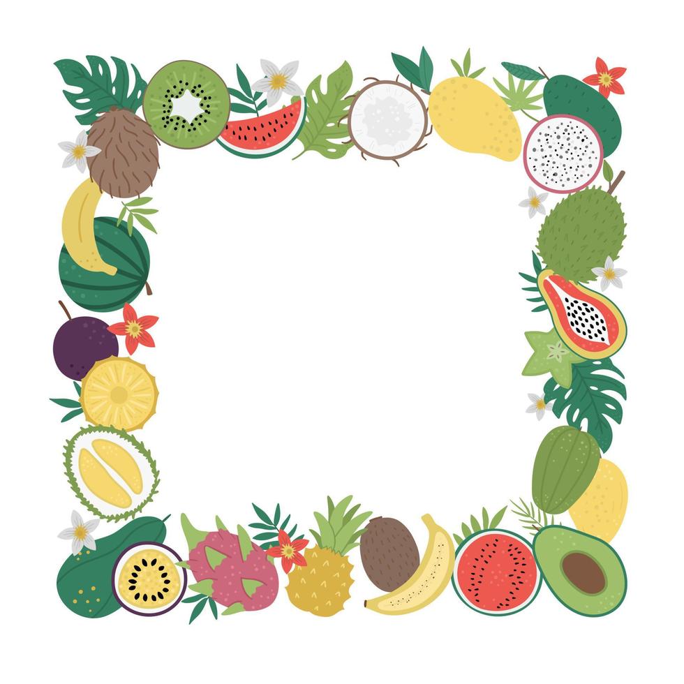 marco cuadrado vectorial con frutas tropicales y bayas con rodajas y mitades. diseño de banner de follaje de la selva. linda plantilla de tarjeta divertida con plantas exóticas. vector