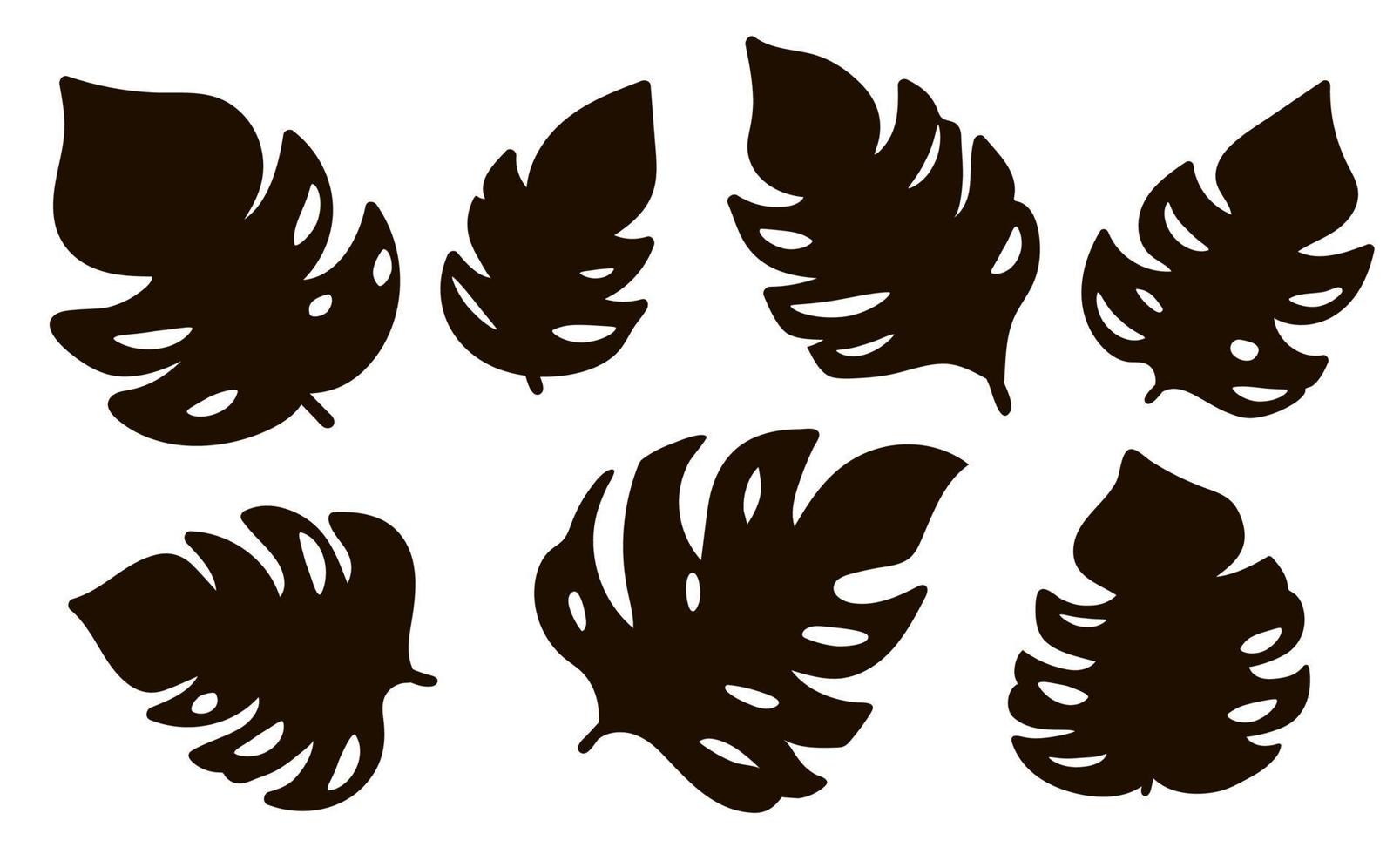Vector tropical monstera leaves silhouettes. Jungle foliage black illustration. Hand drawn flat exotic plants isolated on white background. Summer greenery stamp design