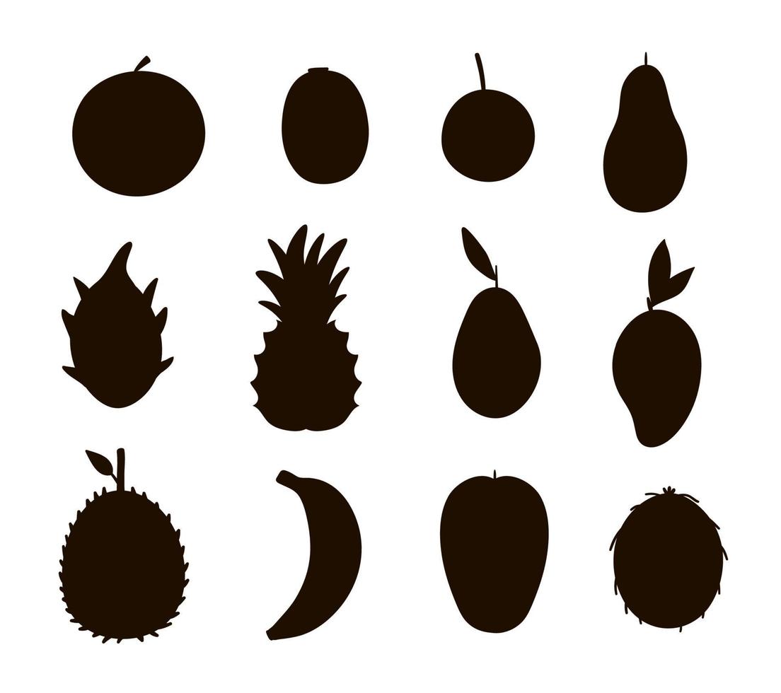 siluetas vectoriales de frutas y bayas tropicales. ilustración negra del follaje de la selva. plantas exóticas planas dibujadas a mano aisladas sobre fondo blanco. diseño saludable de cupones de alimentos de verano. vector