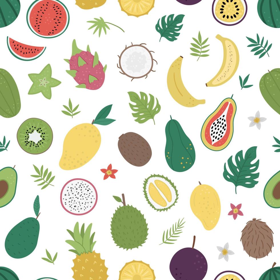 patrón vectorial sin costuras con frutas tropicales y bayas con rodajas y mitades. fondo de follaje de la selva. textura de plantas exóticas planas dibujadas a mano. papel digital infantil brillante con comida saludable de verano vector