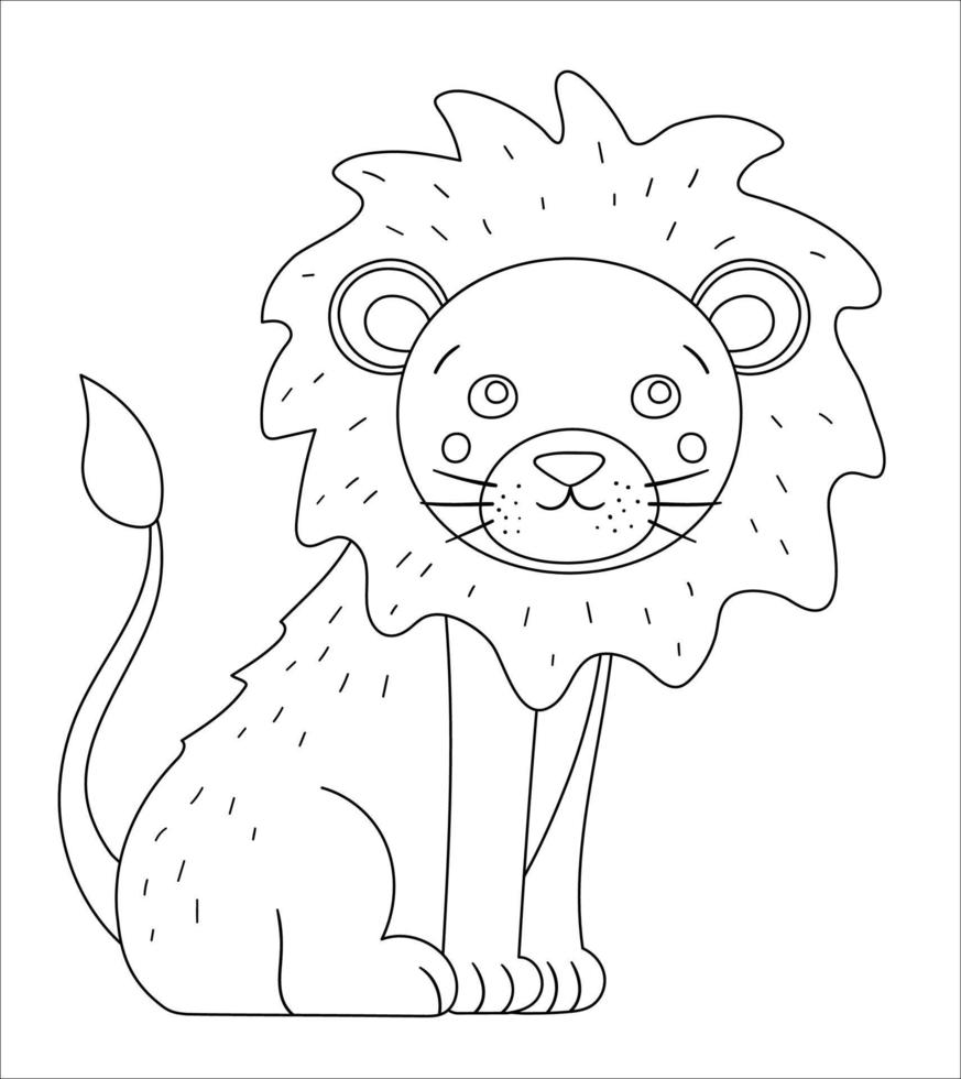 Vector cute lion outline. Funny tropical exotic animal black and white illustration. Fun coloring page for children. Jungle summer clip art