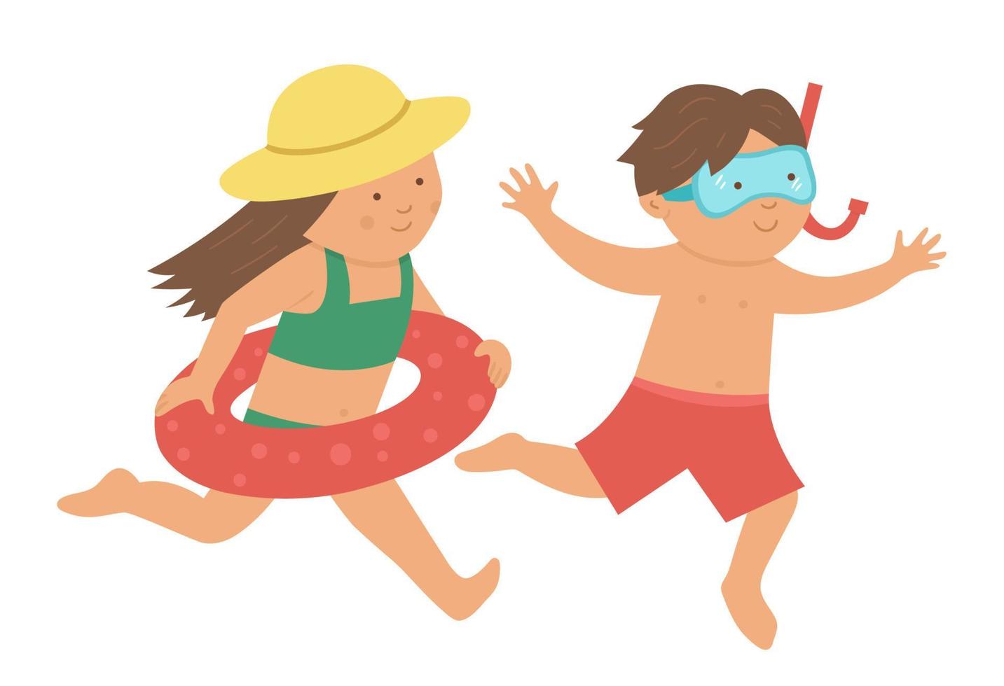 niños vectores corriendo hacia el mar. niños haciendo actividad en la playa. lindo niño y niña con máscara de buceo, snorkel y anillo inflable. divertida ilustración de verano