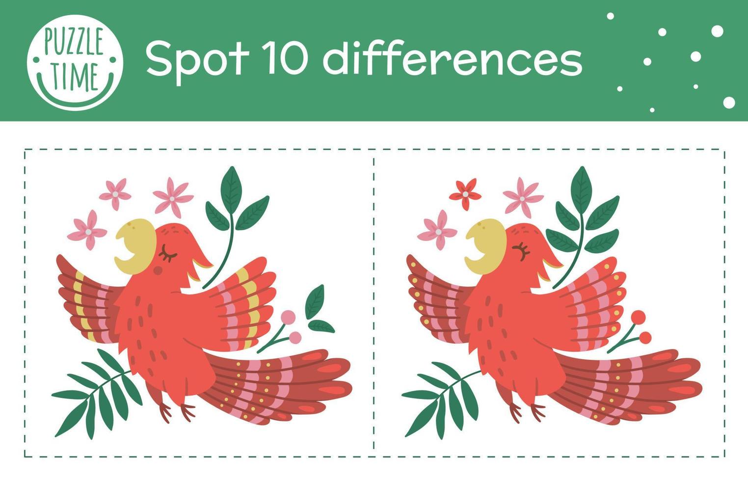 Tropical find differences game for children. Summer tropic preschool activity with singing parrot. Puzzle with cute funny smiling characters. vector