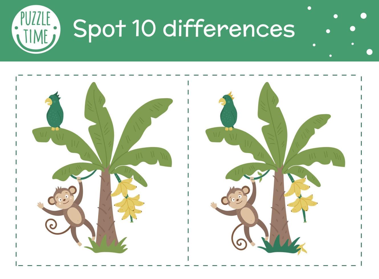 Tropical find differences game for children. Summer tropic preschool activity with monkey hanging on liana on banana tree. Puzzle with cute funny smiling characters. vector