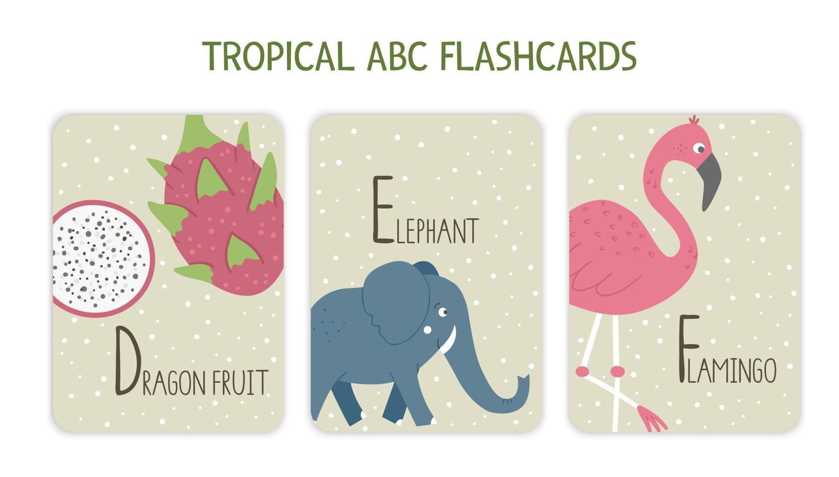 Colorful alphabet letters D, E, F. Phonics flashcard with tropical animals, birds, fruit, plants. Cute educational jungle ABC cards for teaching reading with funny dragon fruit, elephant, flamingo. vector