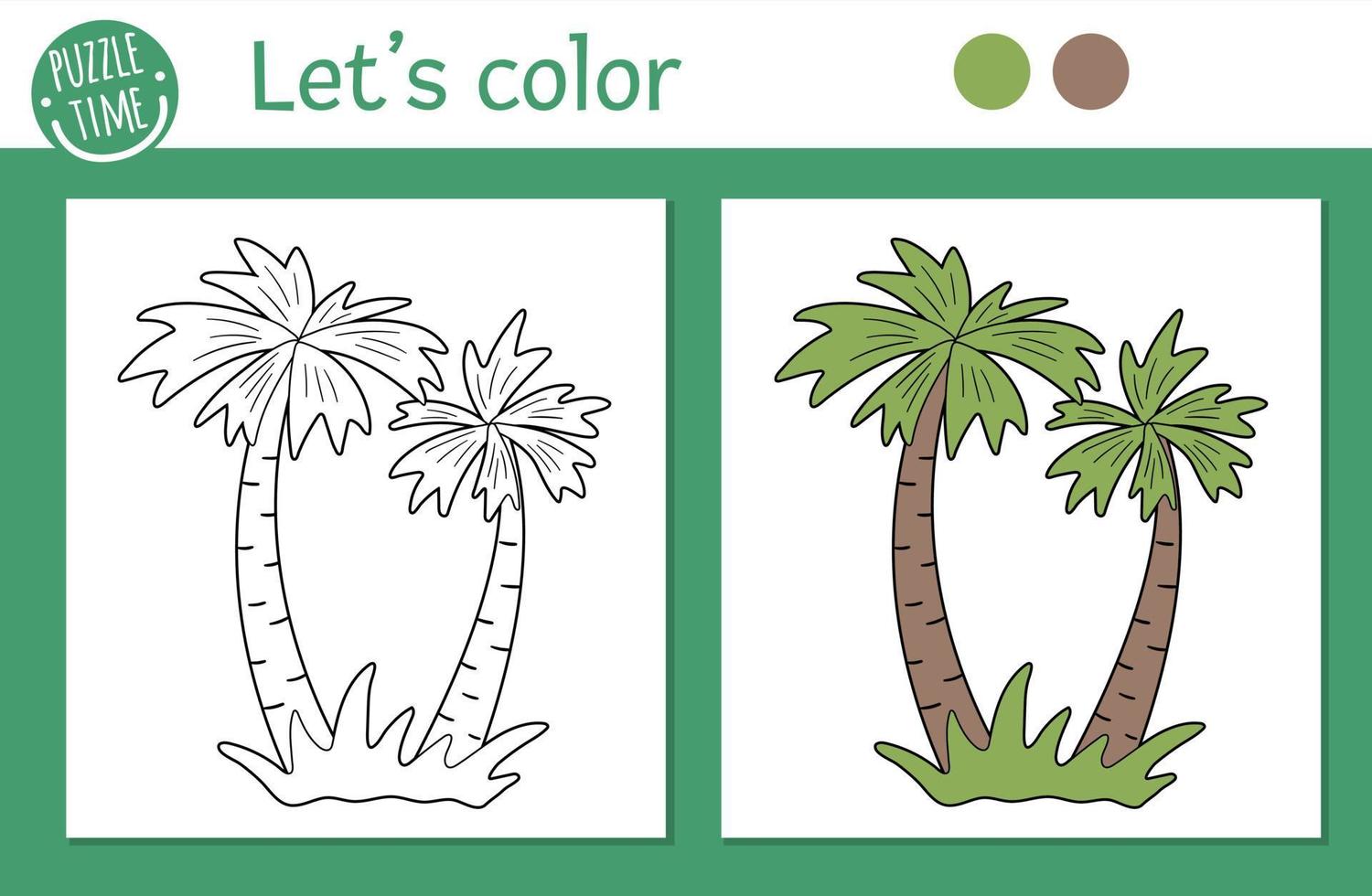 Tropical coloring page for children. Vector palm tree illustration. Cute funny beach plant outline. Jungle summer color book for kids with colored version and example