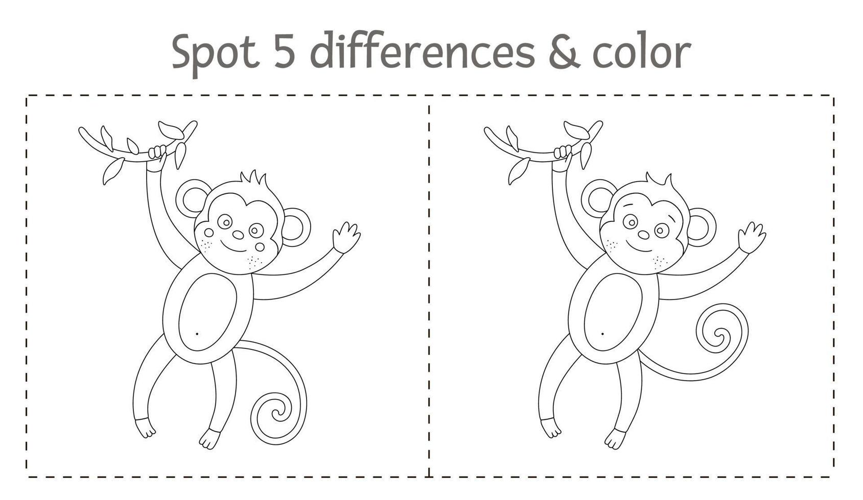 tropical encuentra diferencias y juego de colores para niños. actividad preescolar tropical en blanco y negro de verano con mono. divertida página para colorear para niños vector