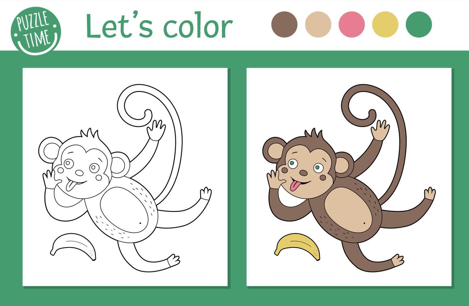 Tropical coloring page for children. Vector monkey illustration. Cute funny animal character outline. Jungle summer color book for kids with colored version and example