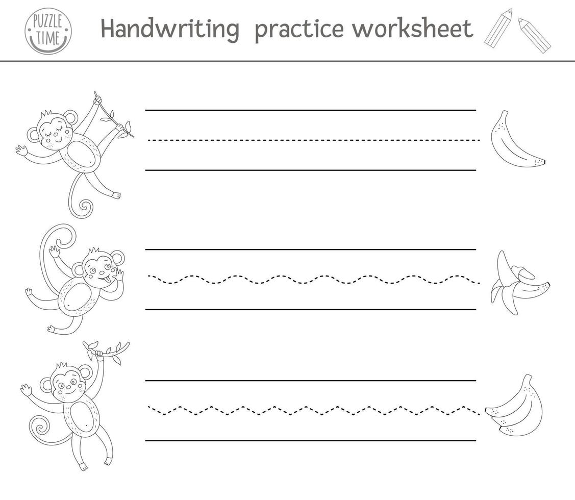 Vector handwriting practice worksheet. Printable black and white activity for pre-school children. Educational game for writing skills development. Tropical coloring page for kids with monkeys