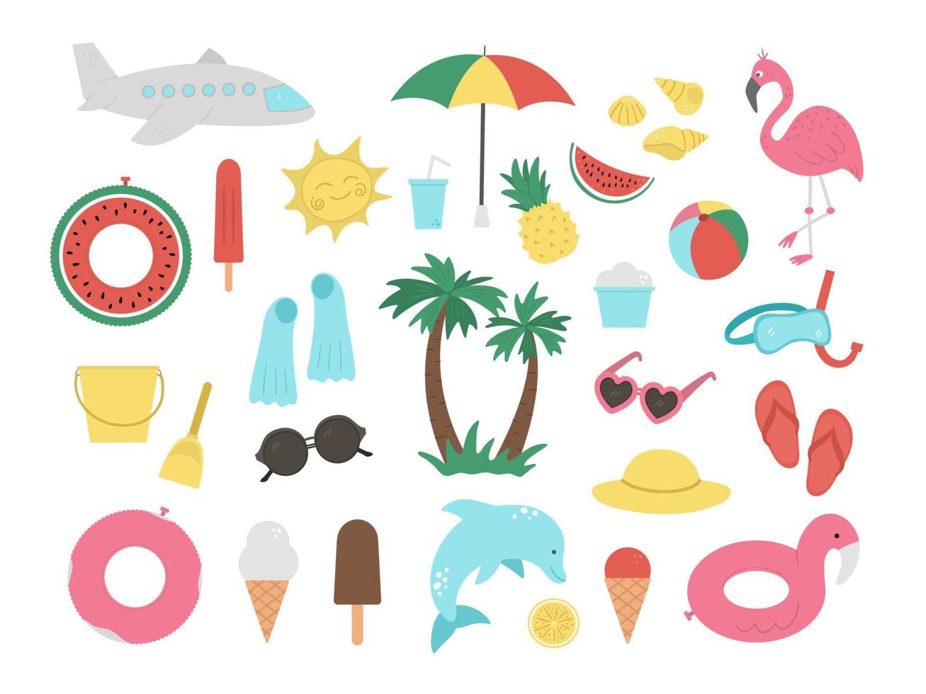 Vector set of summer clipart elements isolated on white background. Cute flat illustration for kids with palm tree, plane, sunglasses, funny inflatable rings. Vacation beach objects