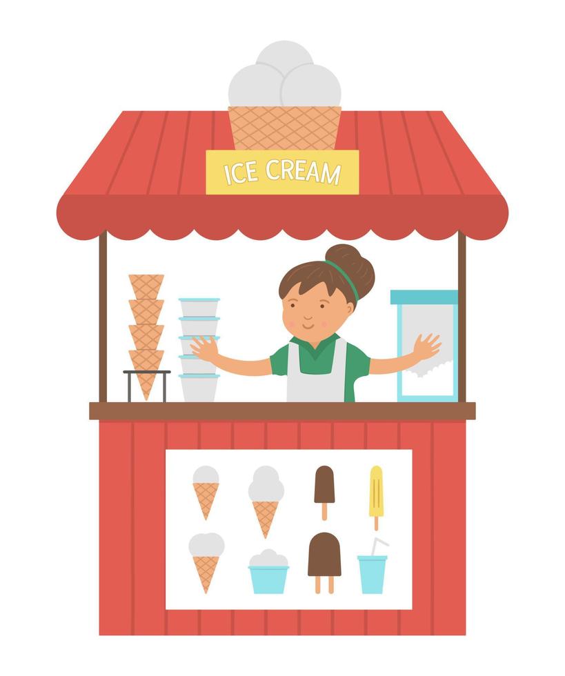 Vector ice cream stall with seller. Flat ice-cream stand illustration. Beach dessert shop. Cute summer picture for kids.