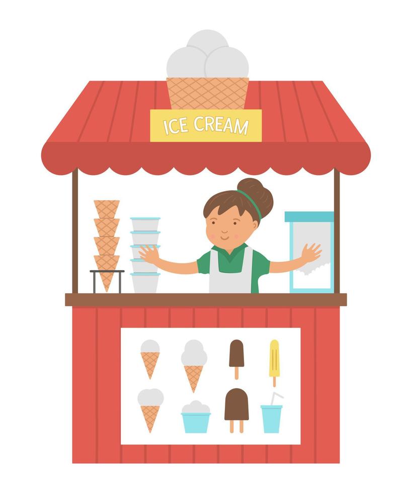 puesto de helado vectorial con el vendedor. ilustración plana del puesto de helados. tienda de postres de playa. linda foto de verano para niños. vector