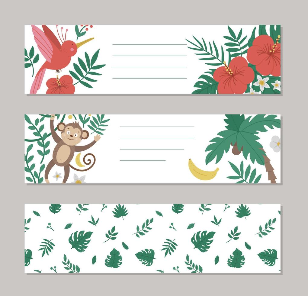 conjunto de plantillas de tarjetas de diseño horizontal de verano vectorial con animales tropicales, plantas, flores, frutas. divertidos diseños exóticos prefabricados con lindos personajes y patrones de la jungla. vector