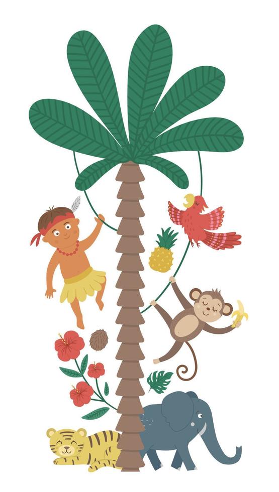 Vector cute composition with exotic animals, African boy, leaves, flowers, fruits. Funny tropical aboriginal, monkey and plants illustration for cards, prints or poster design. Summer picture for kids