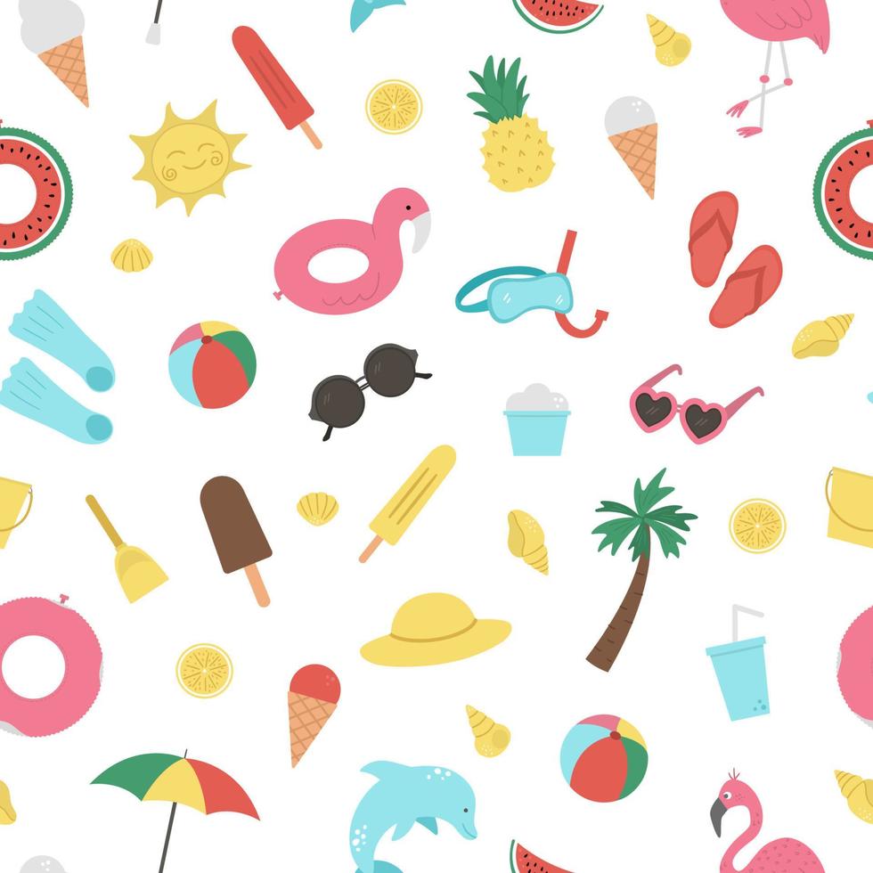 Vector seamless pattern with summer elements. Cute flat background for kids with palm tree, plane, sunglasses, funny inflatable rings. Vacation beach texture