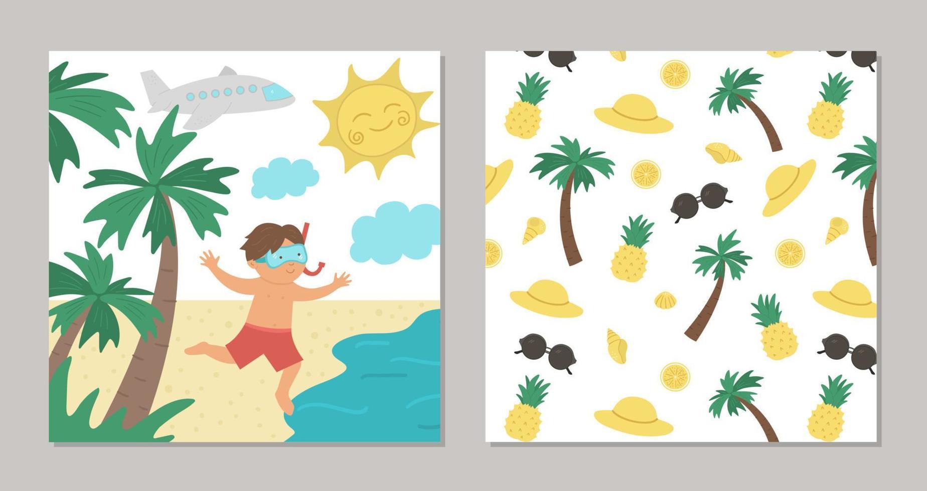 niño vector corriendo hacia el mar. ilustración de playa tropical plana con niño divertido, agua, palmeras, sol. lindo concepto de verano para niños. tarjeta divertida o plantilla de diseño de banner con patrón en la parte posterior