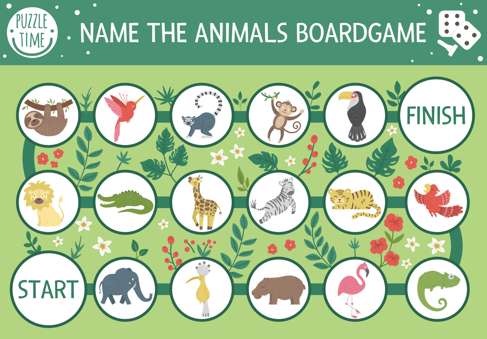 Tropical adventure board game for children with cute animals, plants