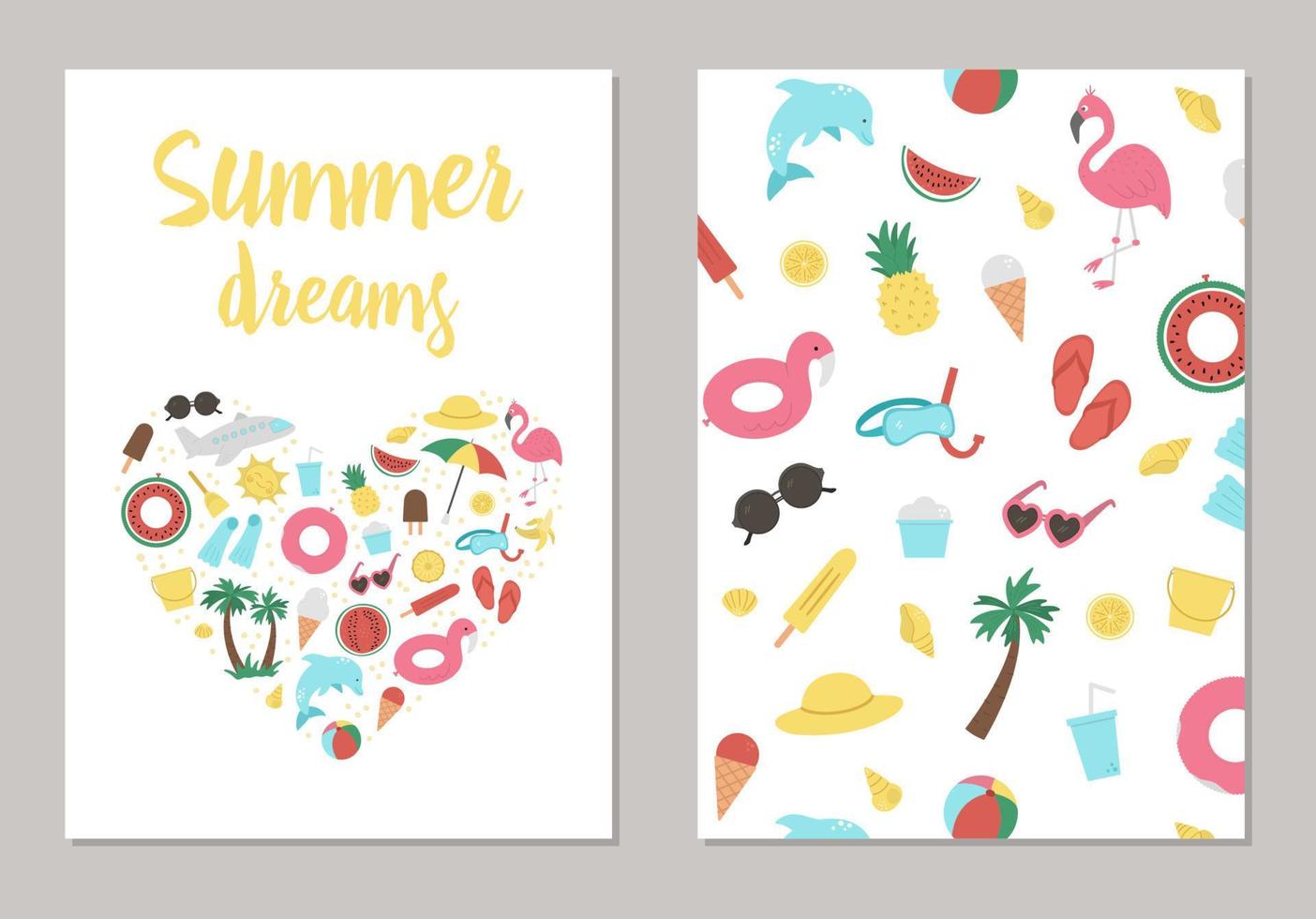 Vector summer vertical card template with palm tree, plane, sunglasses, inflatable rings. Funny vacation or holidays postcard design with cute beach objects. Travel love concept