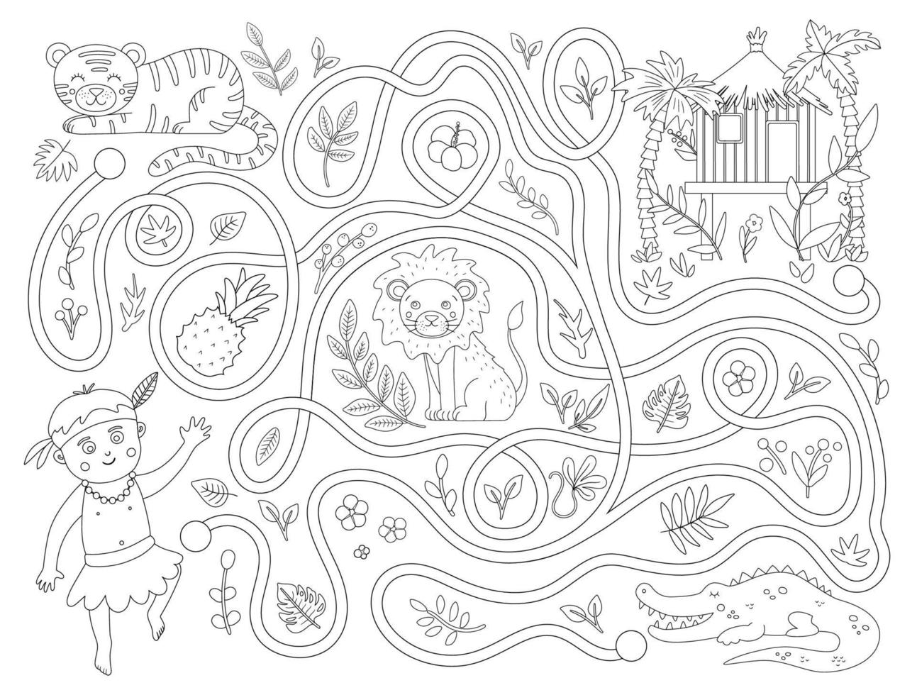 Tropical maze for children. Preschool exotic activity. Funny jungle puzzle with cute African animals, plants, fruit. Help the boy get to his hoot. Summer game for kids vector