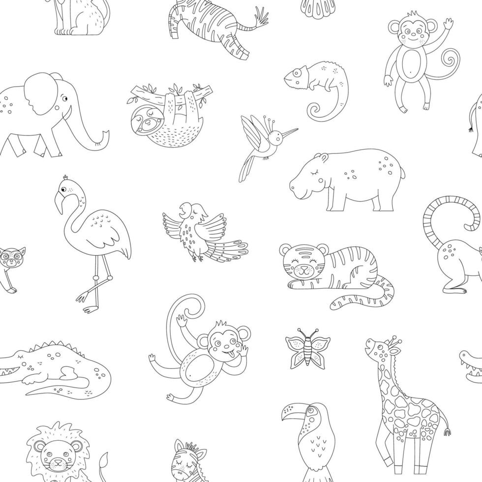 Vector black and white seamless Pattern with cute exotic animals. Funny tropical repeat background with birds. Monochrome illustration for children. Jungle summer texture