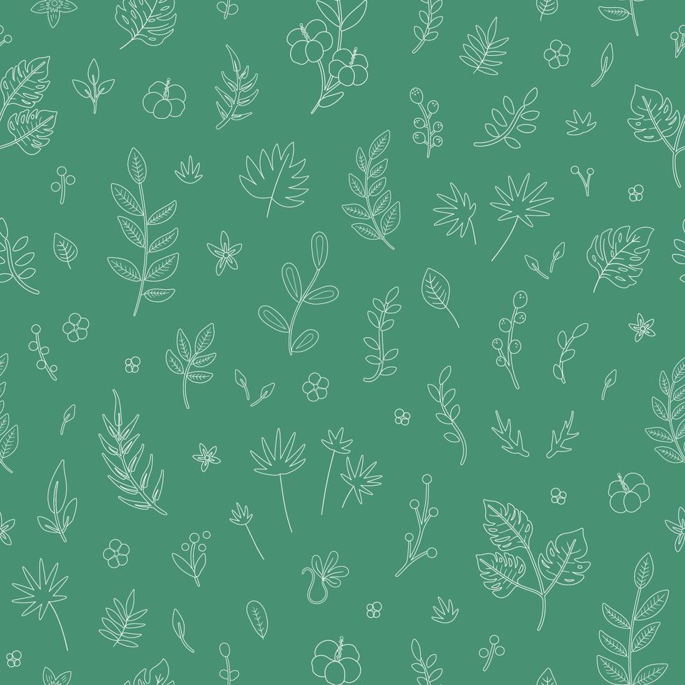 Vector tropical flowers leaves and twigs seamless pattern. Jungle foliage and florals texture. Hand drawn flat exotic plants digital paper. Bright childish summer white greenery on green background.