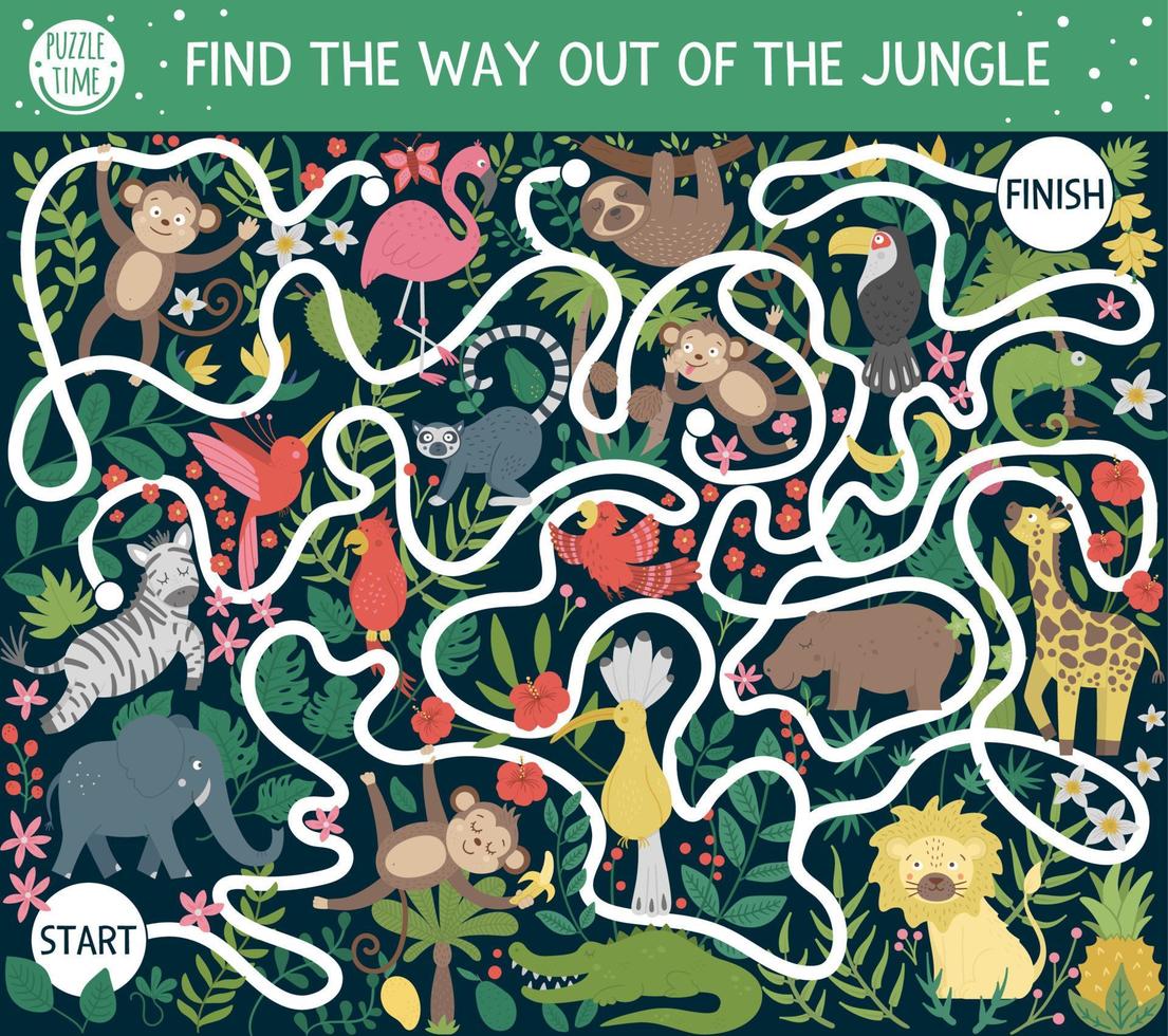 Tropical maze for children. Preschool exotic activity. Funny exotic puzzle with cute animals, birds, plants, fruit. Find the way out of the jungle. Summer game for kids vector