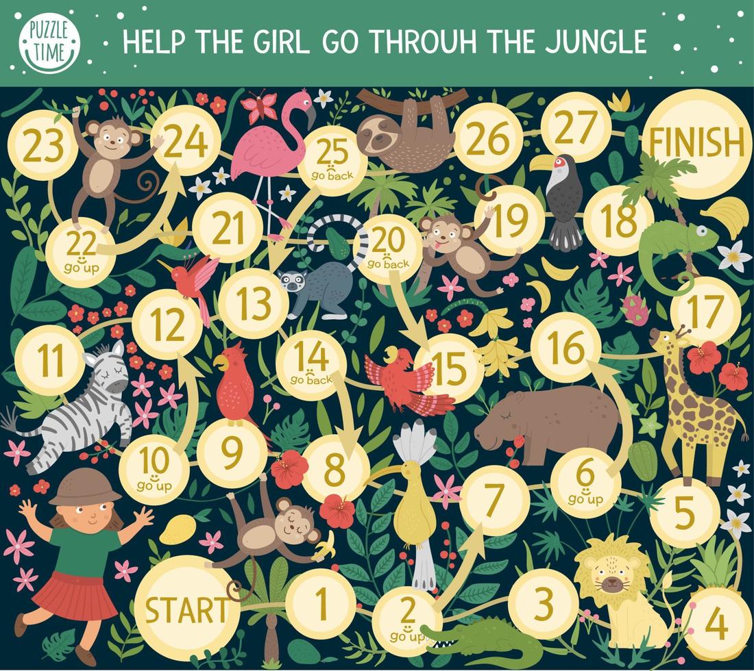 Tropical adventure board game for children with cute animals, plants, birds, fruits. Educational exotic  boardgame. Help the girl go through the jungle. Summer game for kids vector