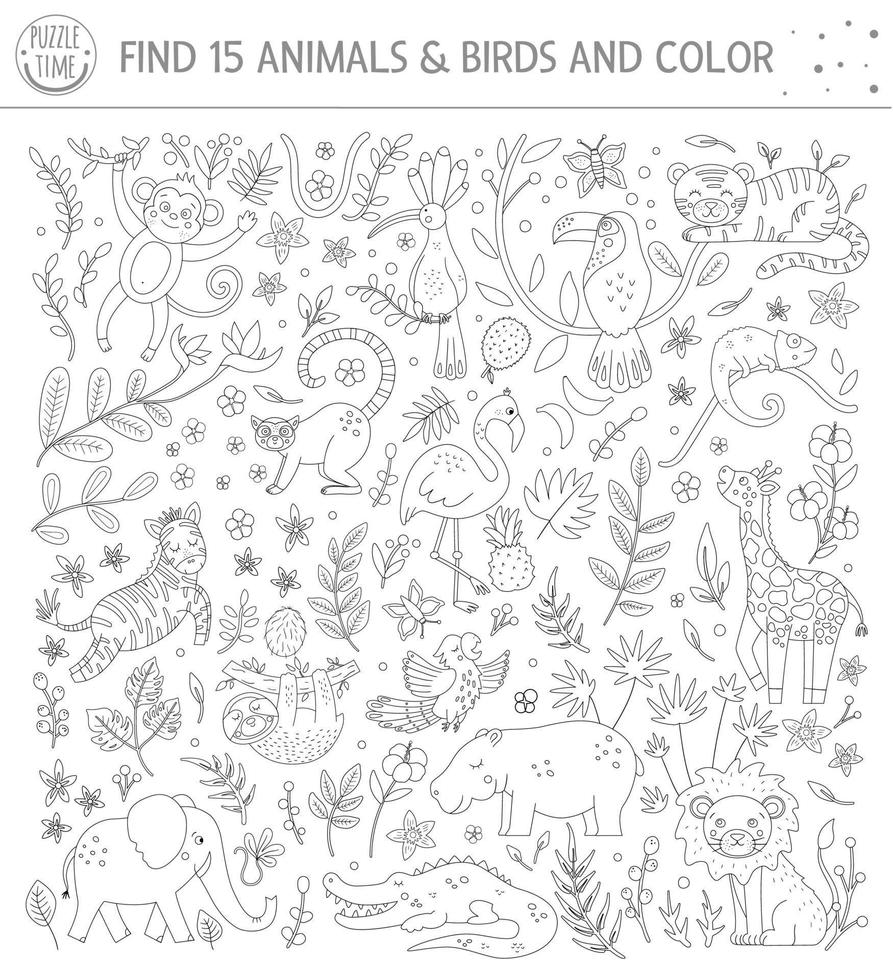 crucigrama vectorial de verano para niños. concurso con animales tropicales y pájaros para niños. actividad educativa de la jungla con lindos personajes divertidos vector