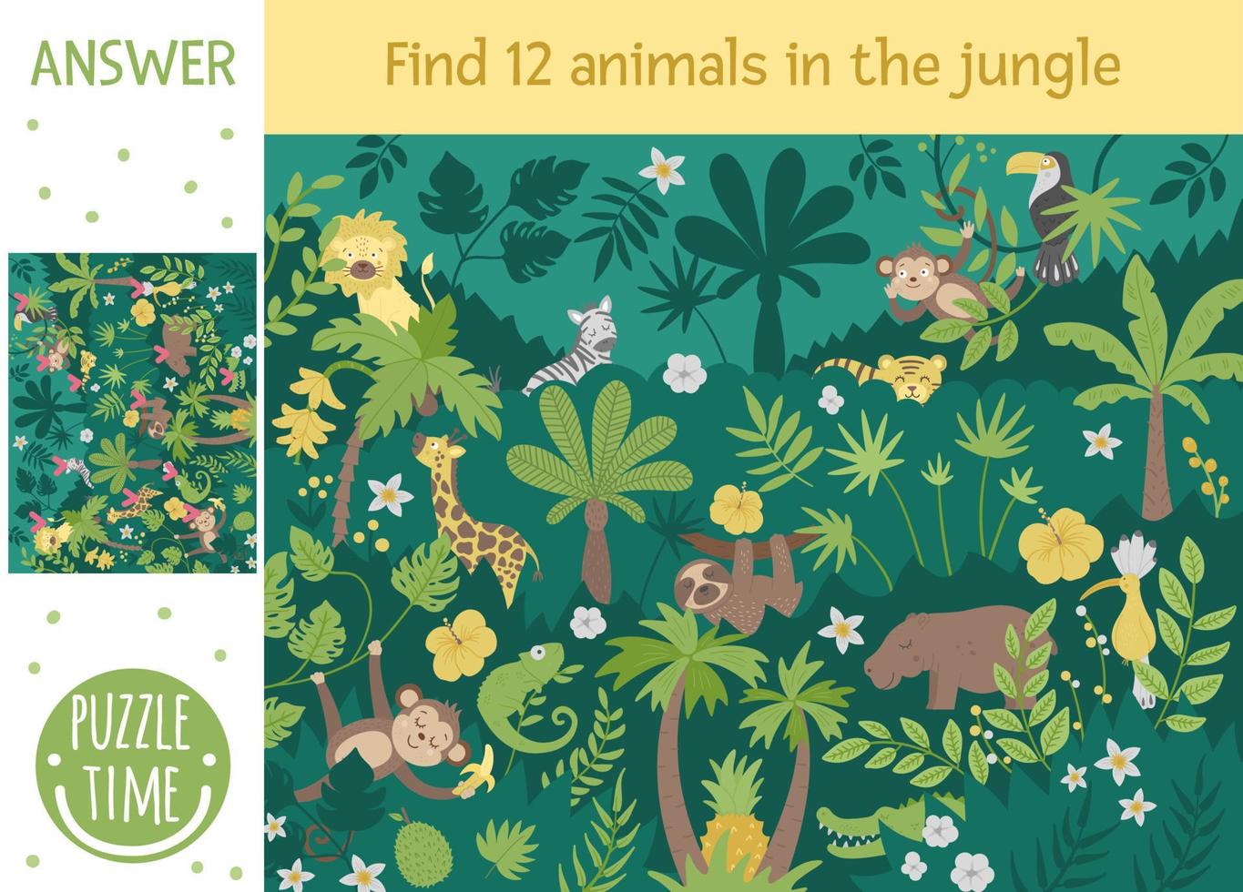 Tropical searching game for children with cute funny characters. Find hidden animals and birds in the jungle. Simple summer game. vector