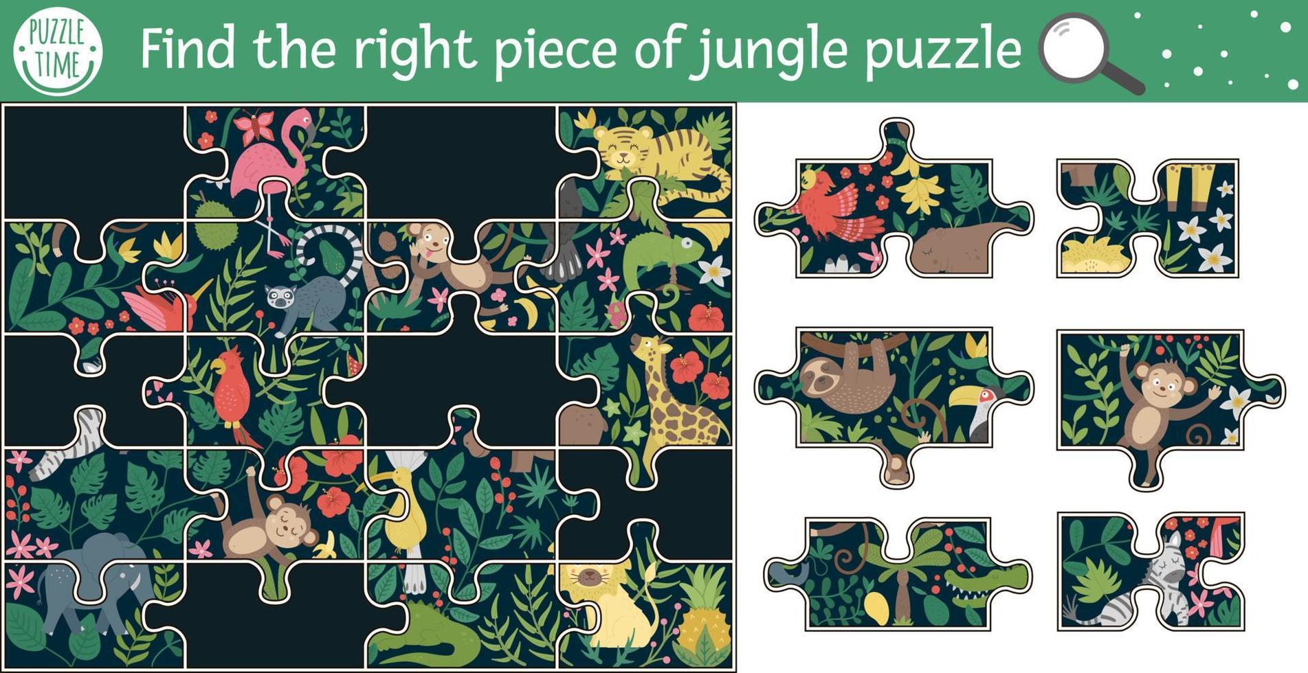 Find the right piece of jungle puzzle. Vector summer cut and glue or sticker activity for children. Tropical educational crafting game with cute animal characters.