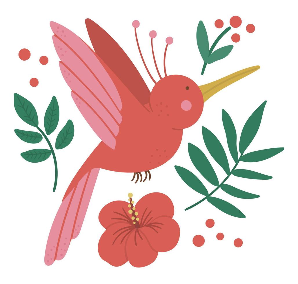 Vector cute composition with flying paradise bird, tropical leaves and flowers. Funny exotic bird illustration. Bright flat picture for children. Jungle summer clip art
