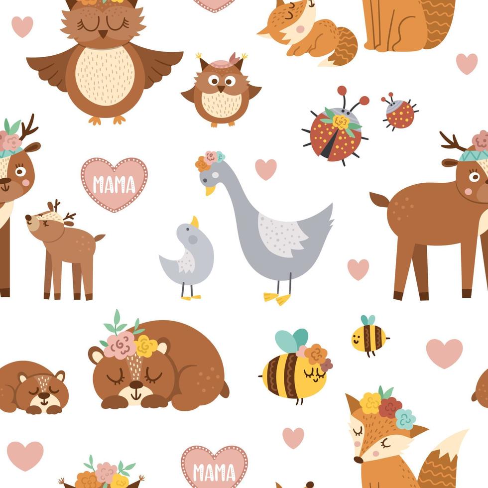 Vector seamless pattern with cute boho baby animals and parents. Funny woodland animal repeating background. Mothers Day digital paper. Mother and child texture, family love concept.