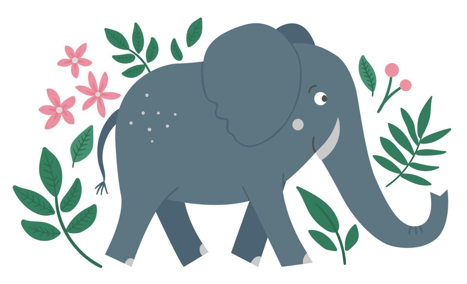 Vector cute composition with elephant, tropical leaves and flowers. Funny exotic African animal illustration. Bright flat picture for children. Jungle summer clip art